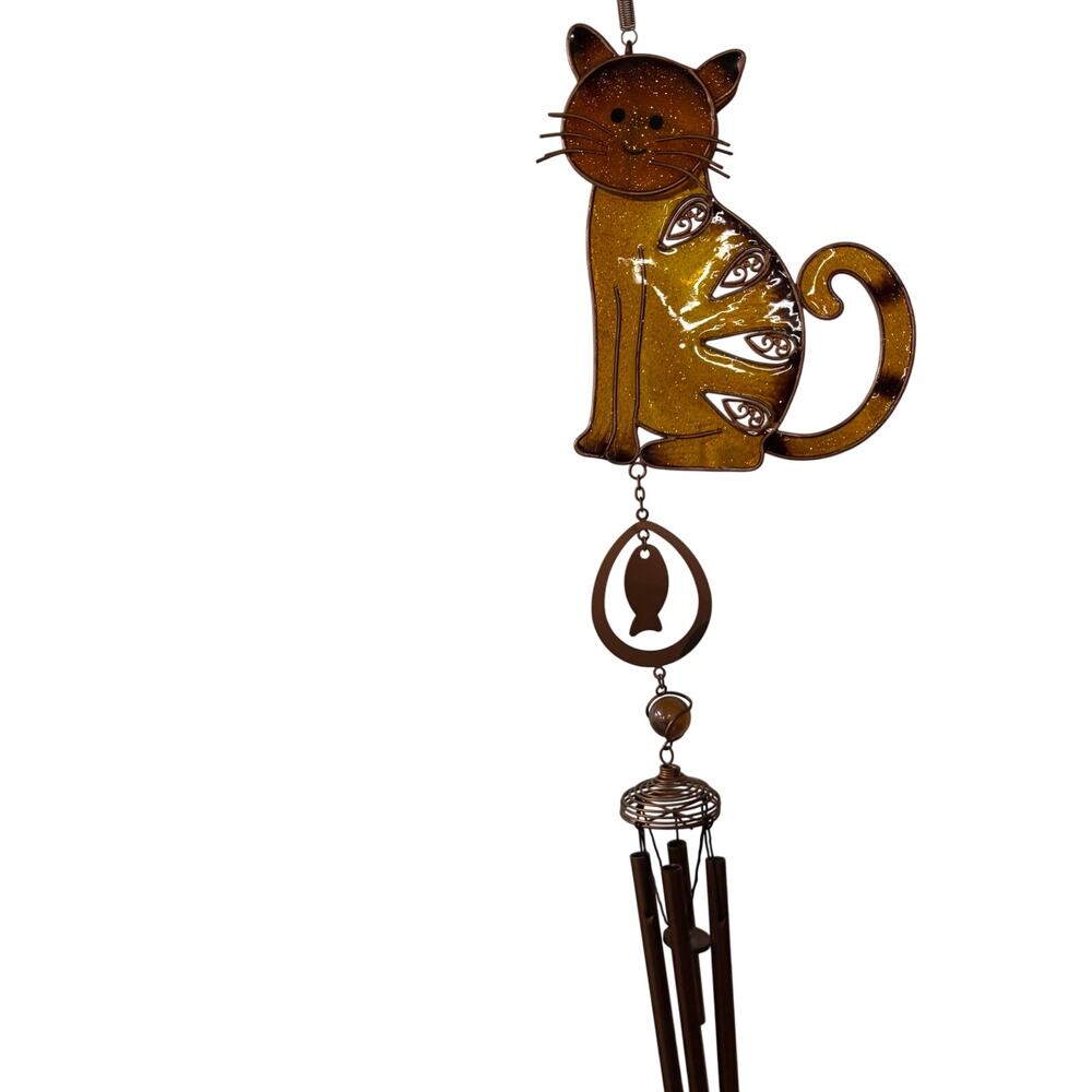 36”" Long Wind Chime Garden Porch - Brown Tabby Resin Cat Copper and Glass